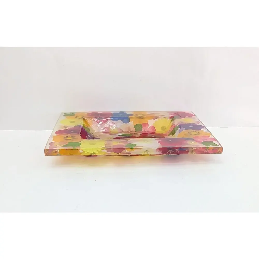 Vintage Acrylic Lucite Tray With Multicolored Flowers 12” X 10” Vintage Summer